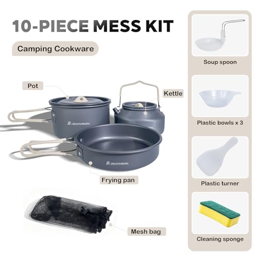 DA DINITHRON 10-Piece Camping Cookware Set, Lightweight Hard-Anodized Aluminum Pots and Pans with 1.1L Kettle, Non-Stick & Compact Nesting Design for Backpacking and Hiking (650g)