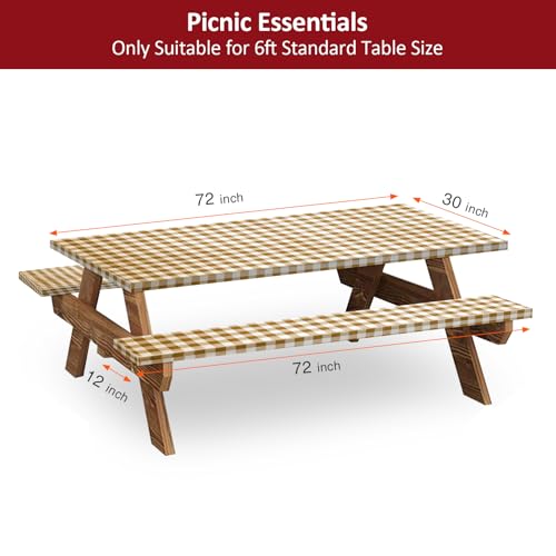 6ft Picnic Table and Bench Cover, Camping Essentials RV Gear, 72 in Waterproof Windproof Outdoor Elastic All Around Tablecloth, Fitted Rectangle Tables and Seats, Coffee-White Checkered - color: Coffee-white Checkered, size: 72"