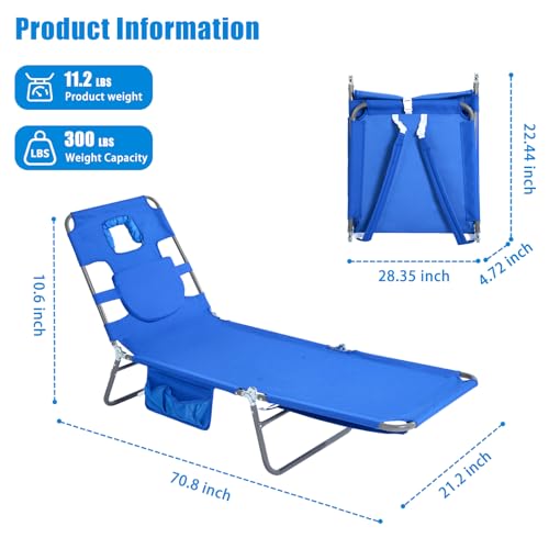 SUNNYFEEL Lay Flat Tanning Chair with Face Down Hole & Arm Slots, Backpack Beach Lounge Chair, 5-Position Folding Sunbathing Chair, 300 LBS Heavy Duty, 72" L x 22" W for Beach, Pool, Camping - color: Blue, size: Standard -1pcs