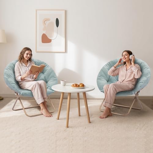 MoNiBloom Round Folding Faux Fur Saucer Chair for Bedroom Living Room Dorm Foldable Metal Frame Oversized Large Comfy Soft Lounge Lazy Cozy Moon Chair for Adults (Set of 2, Teal Blue) - color: Teal Blue