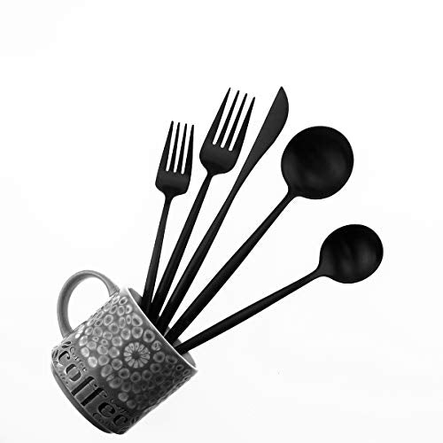 Matte Balck Silverware Set,Gugrida 5-Piece 18/10 Stainless Steel Satin Finish Flatware Set,Kitchen Utensil Set,Tableware Travel Cutlery Set for Camping Office or School Lunch, Dishwasher Safe - color: Black, size: Service for 1