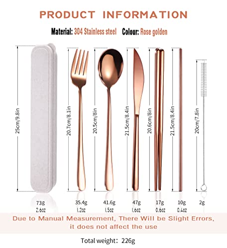 AARAINBOW 6 Pieces 18/8 Stainless Steel Flatware Set Portable Reusable Cutlery Set Travel Utensils Set Including Chopsticks Knife Fork Spoon Straws Cleaning Brush Dishwasher Safe (Rose Gold) - color: Rose Gold