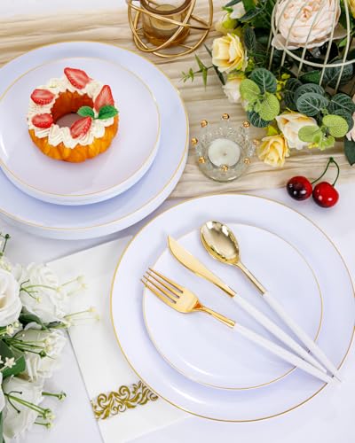Supernal Elegant White and Gold Plastic Dinnerware Set – Premium Heavy-Duty Disposable Plates & Gold Plastic Silverware for Weddings, Outdoor Parties & Birthdays (Serves 30) - color: 150pcs White and Gold Plastic Dinnerware Set