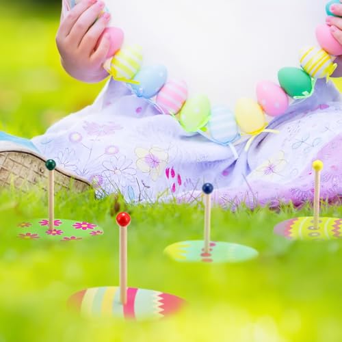 Kathfly 5 Set Easter Egg Ring Toss Game with 5 Targets Stands and 10 Rings Set Easter Egg Activities Toys Party Gifts for Indoor Outdoor Family Backyard Activity