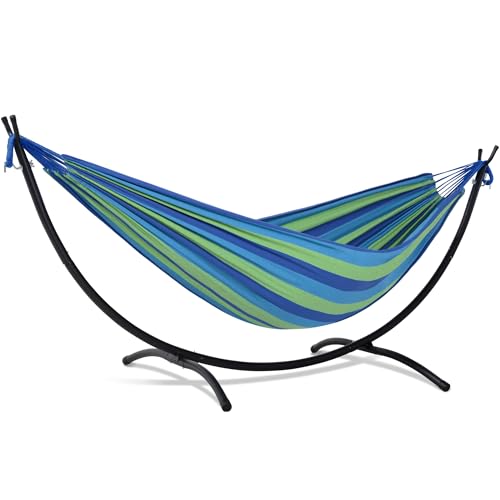 SUNCREAT Portable Outdoor Hammock with Stand Included, Double Hammock with Stand for Outside, Blue & Green Stripes - color: Blue &Green