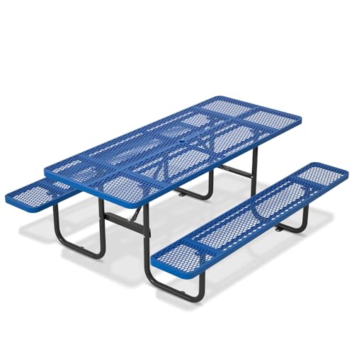 72 Inch Commercial Outdoor Picnic Table, Heavy Duty Rectangle Steel Patio Furniture Set with Bench Seats & Umbrella Hole, Weather Resistant Mesh Metal Dining Table for Backyard, Lawn, BBQ, Garden,Blue - color: Blue