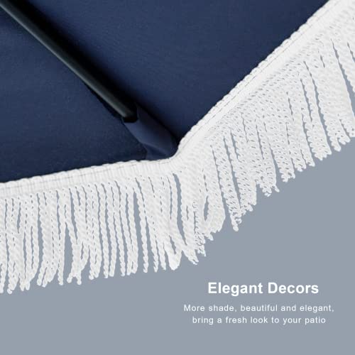 Tempera 9ft Auto Tilt Patio Umbrellas with Fringe, Outdoor Market Umbrellas with Fade Resistant Canopy, 8 Sturdy Rids, Luxurious Vintage Umbrellas for Lawn, Pool, Deck, Balcony - color: Navy, size: 9 FT