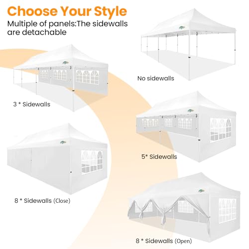 COBIZI 10x30 Pop up Canopy with Roller Bag & 8 Removable Sidewalls, Canopy Tent for Parties, Wedding, and Commercials, Waterproof and Instant Shelter UV50+ Outdoor Gazebo with 4 Sandbags(White) - color: White, size: 10x30FT