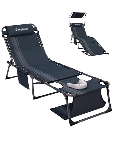 KingCamp Lounge Chair with face Hole & Canopy Shade, 400LBS Folding Portable Tanning Chair with face Hole, Adjustable 5-Position Foldable Beach Sun Tanning Chair for Outside Beach Patio Outdoor Pool - color: C*skyshade Canopy——blue/Grey Canopy, style: 400