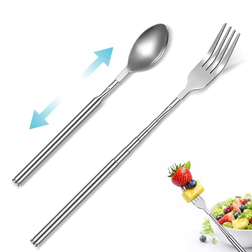 2 Pcs Extendable Fork Spoon Set 8.7 to 25.5in Stainless Steel Telescoping Long Dinner Tableware for Thanksgiving Gifts Barbecue Toasting Fruit Dessert (Silver) - color: Silver