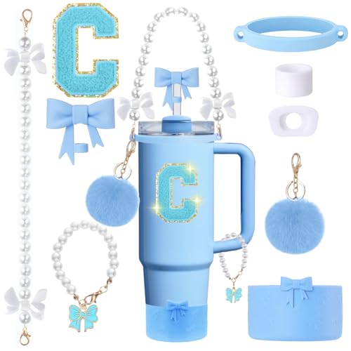 9pcs Stanley Cup Accessories Set- for 30oz 40oz Tumblers with Handle - Bule Kit Includes Bow Straw Topper and Boot, Charm, Pearl Handle Strap & Stickers - Aesthetic Girl Gifts (C) - color: C