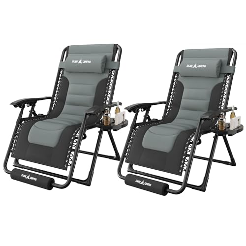 Amopatio Oversized Zero Gravity Chair XL Folding Outdoor Lounge Reclining Patio Chair with Tray/Footrest/Headrest for Camping Sunbathing Relaxing Reading，Support 500LBS - color: Gray-black, style: 29in-2pcs