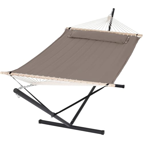 SUNCREAT 55 Inch Extra Large Double Hammock with 12 ft Stand, 475lbs Capacity, Outdoor Portable Hammock with Hardwood Spreader Bar, Extra Large Pillow, Brown - color: Brown, size: 12 ft Stand