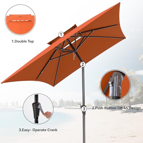 6.6 x 10 ft Rectangular Patio Umbrella, Outdoor Market Table Umbrella with Push Button Tilt and Crank, Double-Tier Vent, 6 Ribs, Rectangle Patio Umbrella for Backyard, Deck, Pool, Fits 4–6 Chairs and Tables (Orange) - color: Orange