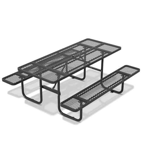 72'' Rustic Metal Picnic Table for Outdoors, Heavy Duty Steel Patio Dining Set with Built-in Benches & Umbrella Hole, Easy Assembly Mesh Outdoor Furniture for Garden, Deck, Courtyard BBQ, Black - color: Black