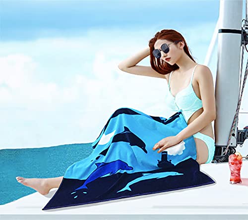 4-Pack Beach Towels 100% Cotton Extra Large XL 34"x63" Soft Absorbent Velour Throw Blanket Gift for Bath Holiday Swimming Pool Sports Camping Picnic Yoga, Dolphin Shark Vessel. - color: Shark Dolphin Stripe, size: 63.00"x34.00"