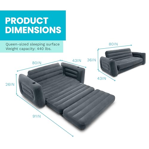 Intex Inflatable Pull-Out Sofa: Velvety Surface, 2-in-1 Valve, Cupholder, 46" x 88" x 26" - Blow-Up Couch and Folding Queen Size Air Mattress Bed - style: Queen