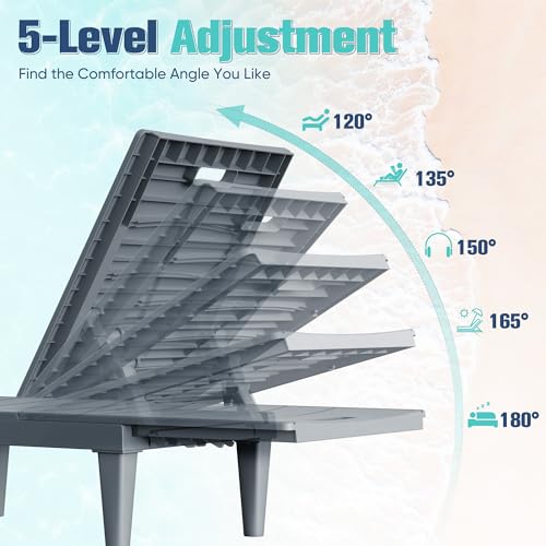 Devoko Outdoor Chaise Lounge Chair Set of 2 with 5-Position Adjustable Back, Waterproof & Lightweight PP Lounge Chairs for Outside Pool Patio (Light Grey) - color: Light Grey, size: 72 in Depth