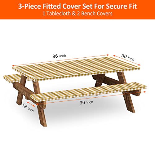 8ft Picnic Table and Bench Cover, Camping Essentials RV Gear, 96 in Waterproof Windproof Outdoor Elastic All Around Tablecloth, Fitted Rectangle Tables and Seats, Coffee-White Checkered - color: Coffee-white Checkered, size: 96"