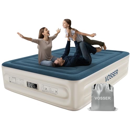 VOSSER Queen Air Mattress with Built-in Pump,Fast & Easy Inflation/Deflation Inflatable Mattress, Foldable Blow Up Mattress with Storage Bag, Inflatable Bed for Home, Camping & Guests - color: Navy Blue, size: Queen 15''(Standard Height)