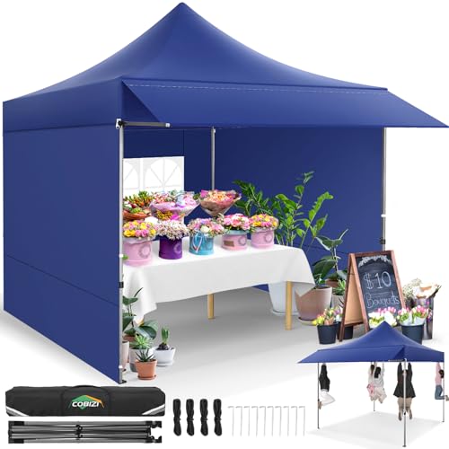 COBIZI 10x10 Pop up Canopy Tent with Awning and Sidewalls, Heavy Duty Commercial Instant Tents for Market, Outdoor Events, Deep Blue - color: Deep blue, size: 10x10FT with 3 Sidewalls & 1 Awning Cloth