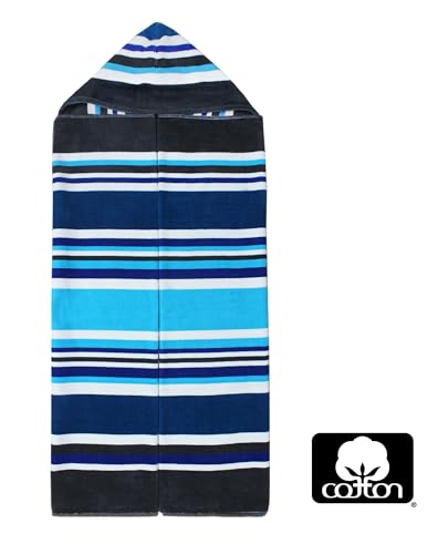 COTTON CRAFT Hooded Beach Towel – Oversized 39 x 68 Towel with Hood for Adults - 100% Ringspun Cotton Velour Terry Towel Stripe Bath Wrap - Super Soft Plush Absorbent Quick Dry – 450 GSM – Cancun Blue - color: Cancun Blue Multi, size: 1 Pack - 39x68 Hoode