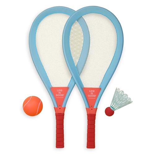 Life is Good Jumbo Badminton Set for Ages 6+ (Aqua Blue/Canyon), Oversized Paddles Lawn Game for Outdoor Sports, 2-Player Badminton Paddle Kit for Backyard, Beach, and Family Fun - color: Aqua Blue/Canyon Orange