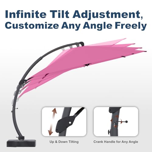 11FT Cantilever Umbrella with Base Large Curvy Outdoor Aluminum Offset Umbrella w/ 360° Rotation, UV Resistant Canopy for Patio, Garden, Backyard, Rose Pink - color: Rose Pink, size: 11FT