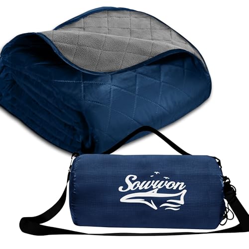 Waterproof Outdoor Blanket 92”X 60” Packable, Stadium Blankets for Camping with Quilted Fleece Lining, Large Windproof Emergency Throw Mat for Garss Picnic Hiking Road Trip, Machine Washable, Navy - color: Fleece Navy-300 Gsm, size: 92"x 60"
