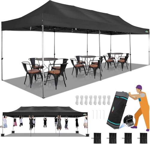 COBIZI 10x30 Pop up Canopy, Heavy Duty Outdoor Party Tents for Parties, Ez up UPF 50+ Waterproof Commercial Canopy with Wheeled Bag, Black(Windproof Upgraded) - color: Black, size: 10x30 Without Sidewalls