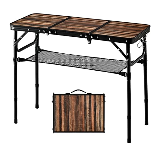 Folding Picnic Table 3ft Portable Camping Table with Adjustable Heights Lightweight Aluminum Foldable Small Card Table for Outdoor Indoor Camp Backyard BBQ - color: Wood Grain Pro Max 35.4”x 15.8”