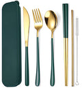 AARAINBOW 6 Pieces 18/8 Stainless Steel Flatware Set Portable Reusable Cutlery Set Travel Utensils Set Including Chopsticks Knife Fork Spoon Straws Cleaning Brush Dishwasher Safe (Green golden) - color: Green golden