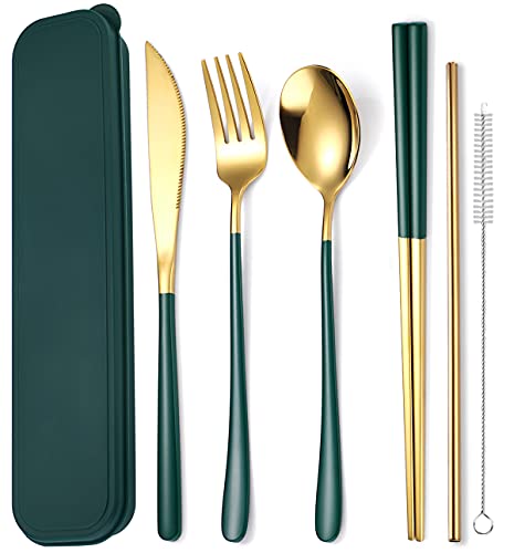AARAINBOW 6 Pieces 18/8 Stainless Steel Flatware Set Portable Reusable Cutlery Set Travel Utensils Set Including Chopsticks Knife Fork Spoon Straws Cleaning Brush Dishwasher Safe (Green golden) - color: Green golden