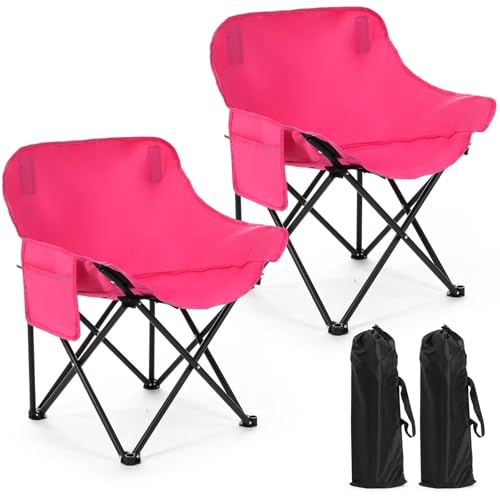 2 Pack Compact Camping Chairs Portable Folding for Outside with Carry Bag Lightweight Moon Chairs for Travel Picnic Hiking Beach Fishing, 600D Oxford, Supports 330lbs(Pink) - color: Pink