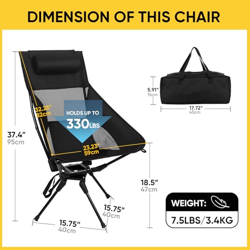 Swivel Portable Camping Chair, High Back Folding Chair with Detachable Pillow, Compact Lightweight Backpacking Chair for Outdoor, Travel, Beach, Hiking, Support 330 LBS, 1 Pack Black