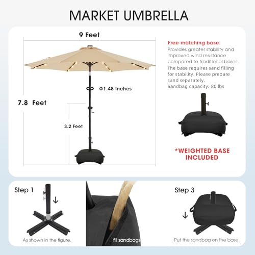 wikiwiki 9FT Solar Led Patio Umbrella with Base Included, 32 LED Lights, 8 Sturdy Ribs, Fade Resistant Waterproof POLYESTER DTY Canopy for Garden, Lawn, Deck, Backyard & Pool, Beige - color: Beige, size: 9FT
