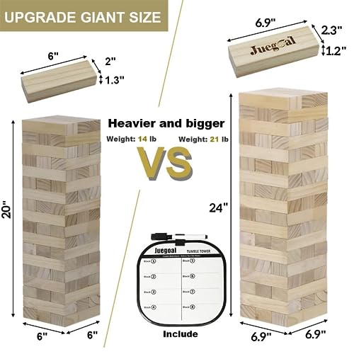 Juegoal 54 Piece Giant Tumble Tower, Wooden Block Game with Gameboard, Canvas Bag for Outdoor Yard Playing,7.1 x 7.2 x 25.2 Inches - color: Wood Color, size: X-Large