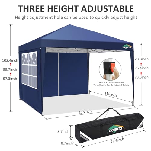 COBIZI 10x10 Pop Up Canopy Tent with 4 Sidewalls, Easy Set up Canopy 10x10 Waterproof Commercial Outdoor Gazebo Portable Shelter Instant Tents for Parties,Backyard,Flea Market(Carrying Bag×1,Navy Blue - color: Navy Blue, size: 10x10FT with 4 sidewalls