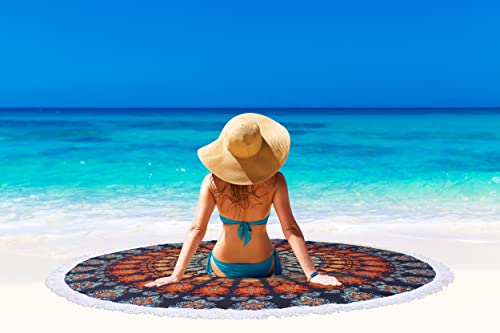 Benefeet Sox Beach Towel Large Round Mandala Pool Towels Tassels Microfiber Quick Dry Beach Blanket Throw Bohemian Roundie Swim Pool Circle Towel, 59 Inches - color: Mandala, Blue Orange