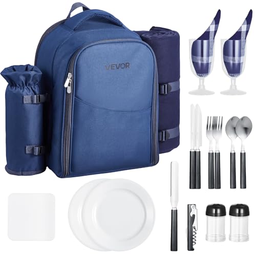 VEVOR Picnic Backpack, Beach Picnic Backpack Bag for 2 Person with Insulated Cooler Compartment, Detachable Bottle/Wine Holder, Lightweight Blanket, Plates & Cutlery Set for Hiking, Camping, Navy Blue - size: single layer for 2 & blue