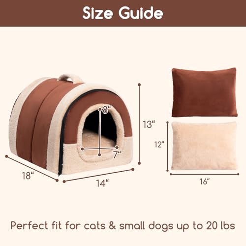 Hollypet Cat Bed Self-Warming 2 in 1 Foldable Kitty Cave Hut House Nest Pet Sleeping Bed, Crystal Velvet Pet Condo for Indoor Cats, Brown Arched Cave - color: Brown Arched Cave