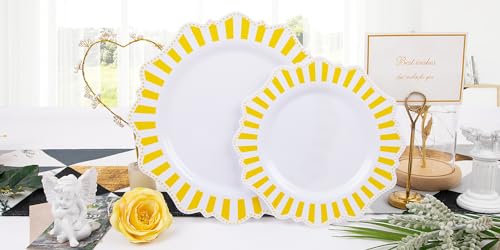 COLOSUS 150pcs Disposable White Lemon Yellow Striped Plastic Party Plates and Silverware set, Yellow Dinner/Dessert Plates silverware 30guests for Easter Birthday Weeding Party and Daily use. - color: white+yellow
