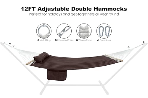 GAFETE Hammock 2 Person Quilted Fabric Hammocks for Outside, Double 12ft Hammocks with Spreader Bar, Large Removable Pillow, Storage Bag, Carabiners, Max 475 lbs Capacity (Coffee) - color: Coffee