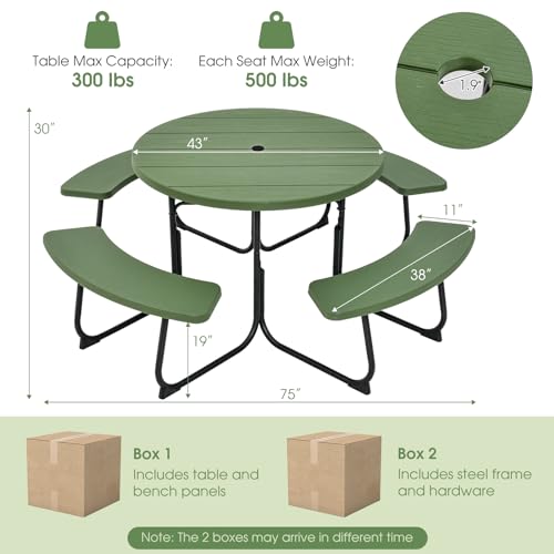 Giantex Picnic Table Set for Up to 8 Persons, Round Outdoor Table and Bench Set with Umbrella Hole, HDPE Top & Metal Frame, 2000LBS Capacity, Patio Table Bench for Deck Backyard Garden (Green) - color: Green, size: Round-43"x43"x30"