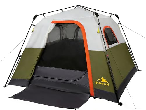 3/4 Person Camping Tent with 1 Door, 4 Windows, and Upgraded Ventilation– Instant Setup, Waterproof, 8'x 8'x 67''Oxford Fabric Floor Pop Up in 60 Seconds Includes Rainfly and Backpack - color: 4 Person Army Green/2-Layer