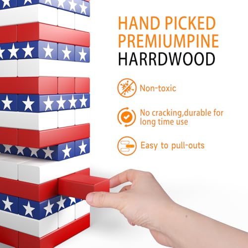 Nattork Giant Tumbling Tower (Stack from 1.77Ft to 4+ Ft), Wood Stacking Giant Blocks Game| Made from Premium Pine Wood| Ideal for Family, 54PCS Stars - color: National Flag