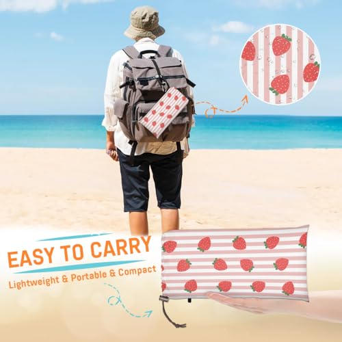 Strawberry Strip Lightweight Beach Blanket Waterproof Sandproof 59"X68" Sand Free Beach Mat with 4 Stakes Compact Outdoor Blanket for Beach Quick Drying Picnic Mat for Travel Camping