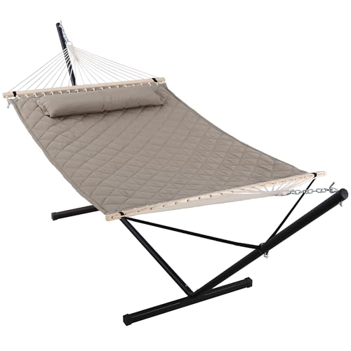 ANOW 2 Person Hammock with 12FT Stand, Heavy Duty Hammock with Stand for Outdoors, 450 LBS Weight Capacity, Light Brown - color: Light Brown, size: 2 Person With Stand