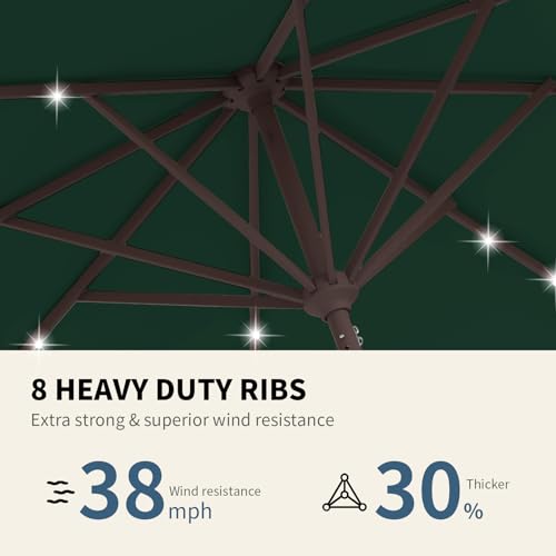 9FT Patio Umbrella with Solar Lights,Outdoor Market Umbrella with Tilt and Crank, LED Lighted Table Umbrella for Garden,Deck,Backyard,Pool,Beach (Dark Green) - color: Dark Green
