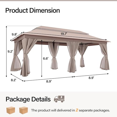 LAUSAINT HOME Gazebo 10x20ft, Heavy Duty Patio Gazebo with Expansion Bolts, Party Canopy Tent with Double Roofs, Mosquito Nettings and Privacy Screens for Backyard, Garden, Lawn, Khaki - color: Khaki, size: 10'x20'